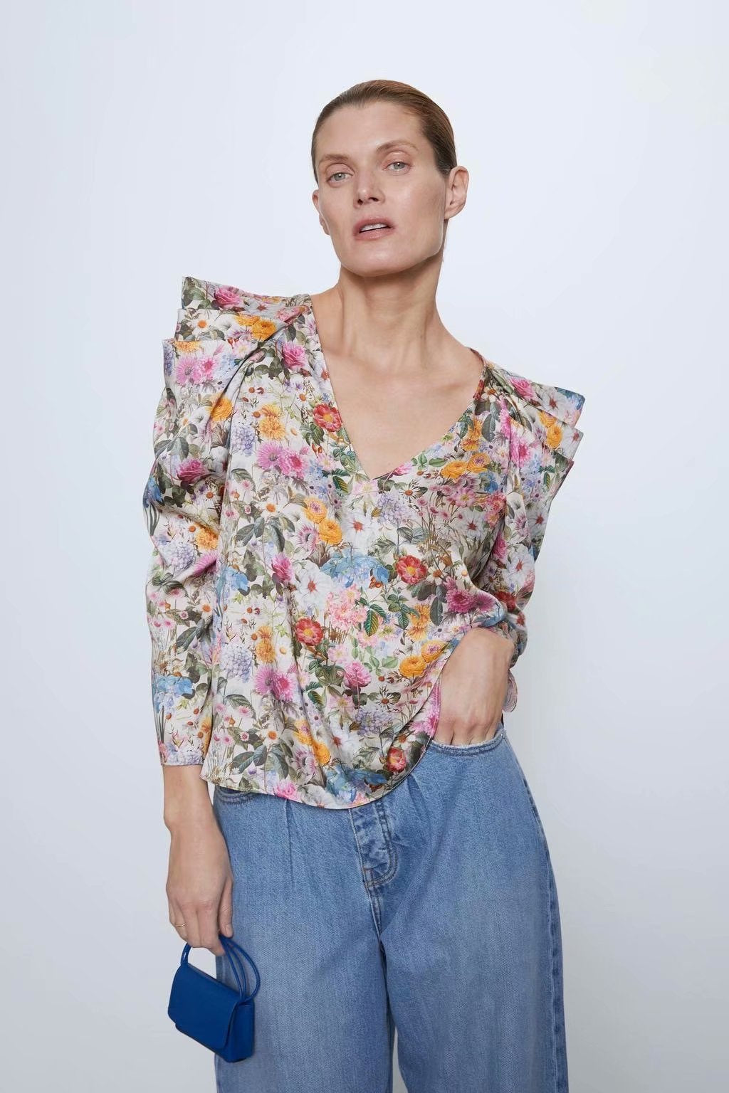 2020 new Spring Summer European Loose Fit Sleeve Flower Print female Shirt zaraing vadiming sheining women dress A9670